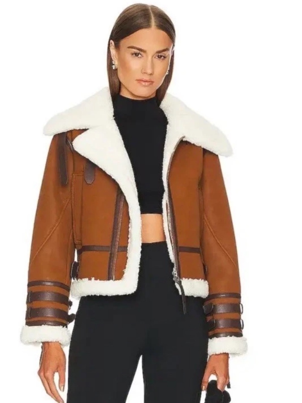L'Academie x Marianna Hewitt Benton Moto Bomber Jacket Brown Cream Shearling XS